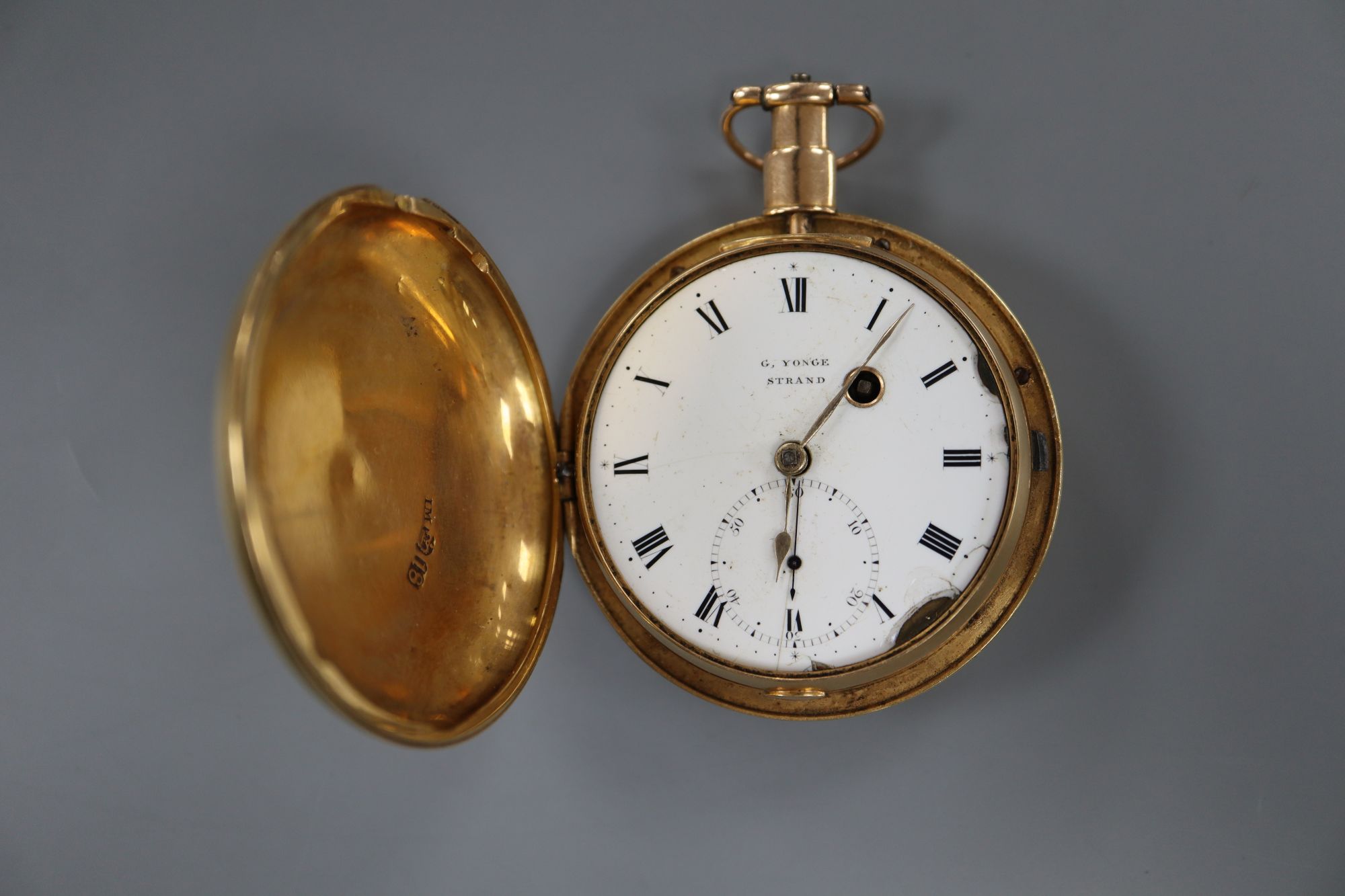 A George III 18ct gold hunter keywind duplex pocket watch by George Yonge, Strand, (a.f.),
